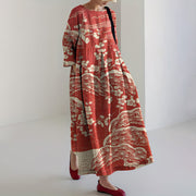 Women Japanese Art Plum Blossom Linen Blend Long Sleeve Maxi Dress