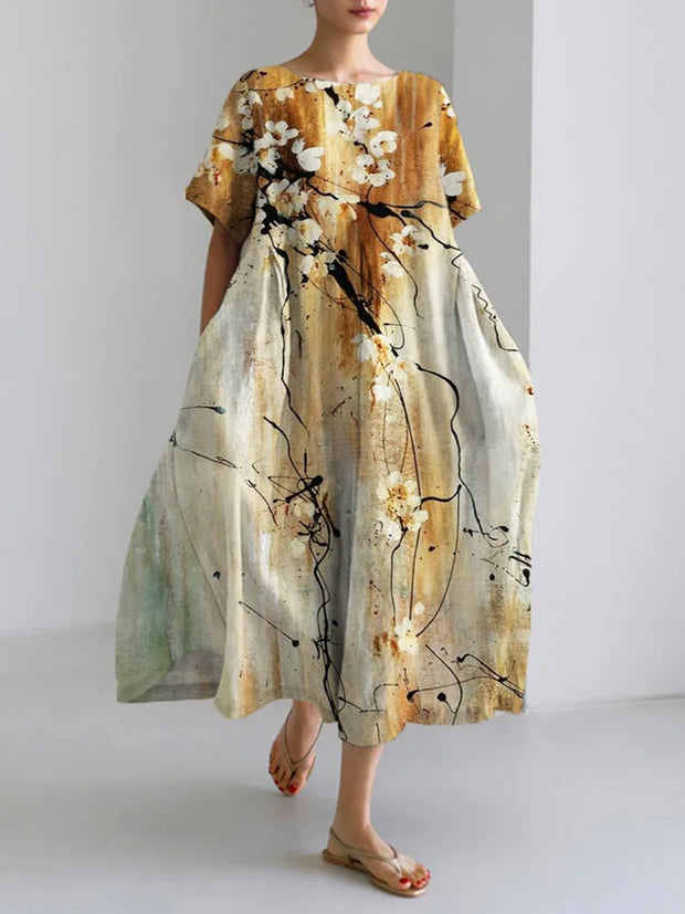 Vintage ink floral print linen maxi dress