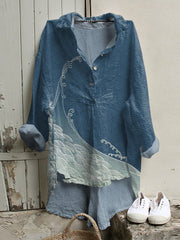 Sea Waves Japanese Art Cotton And Linen Button Casual Shirt