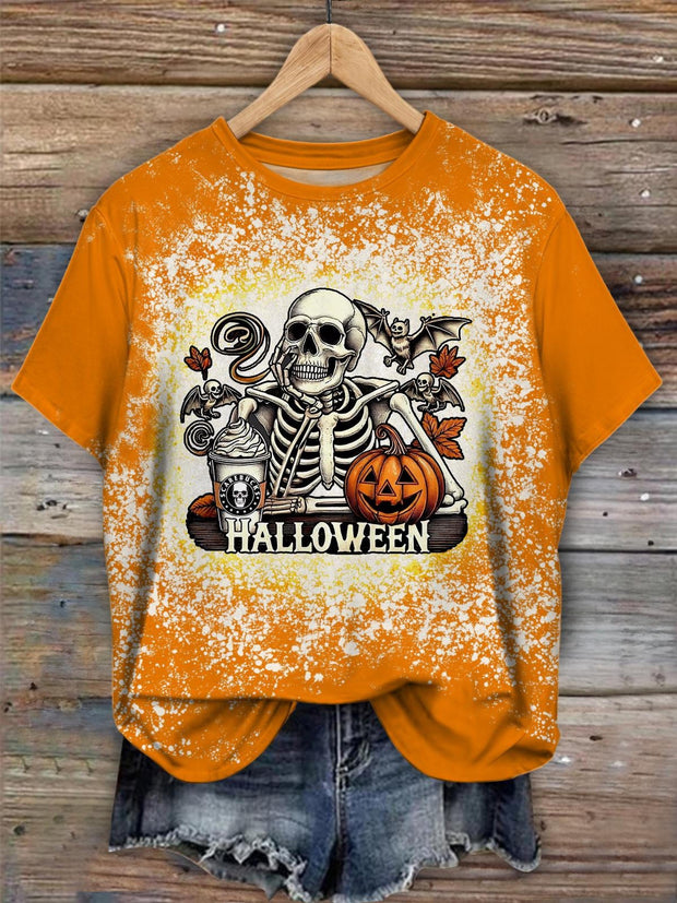 Women's Autumn Halloween Horror Skull Crew Neck T-shirt