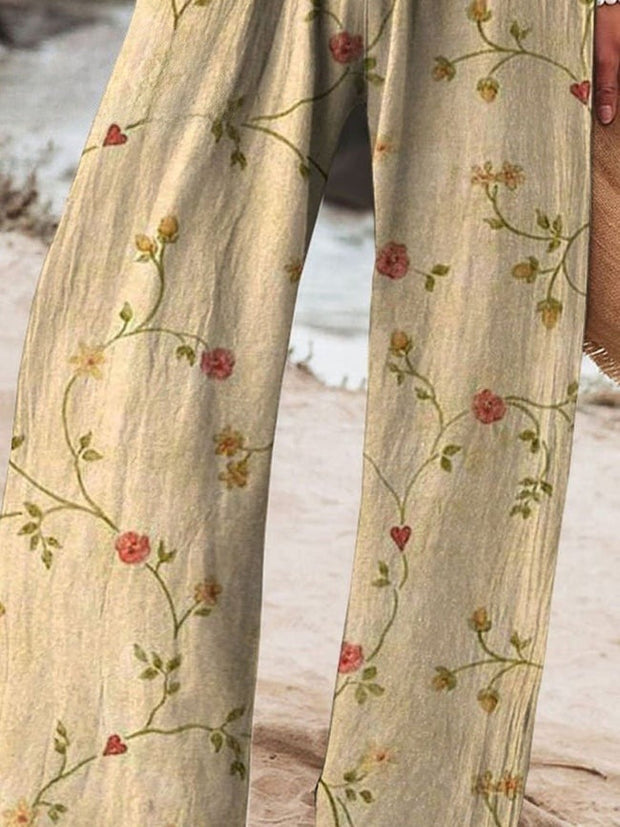 Women's Floral Art Printed Cotton And Linen Casual Pants