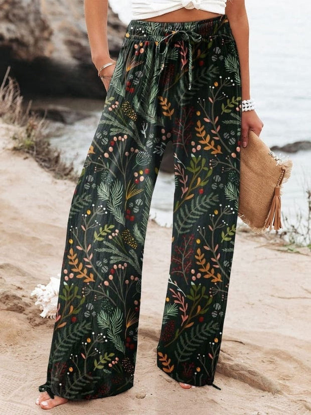 Women's Floral Art Printed Cotton And Linen Casual Pants