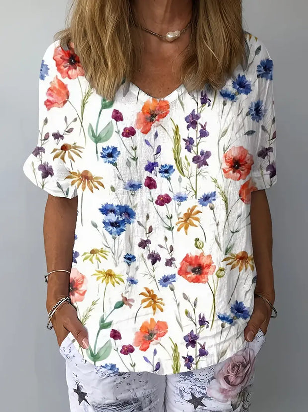 Bird and Flower Print Women's Print Casual Cotton And Linen Shirt