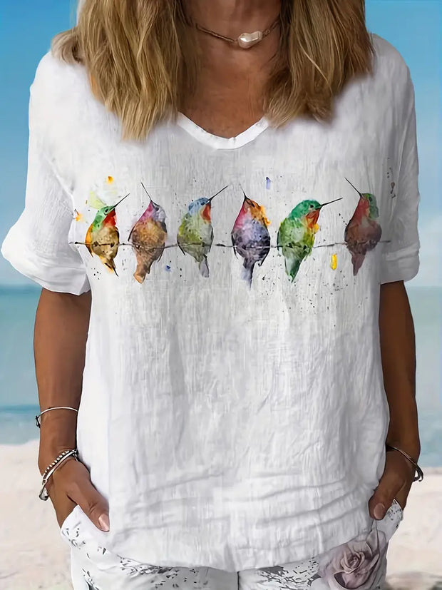 Bird and Flower Print Women's Print Casual Cotton And Linen Shirt