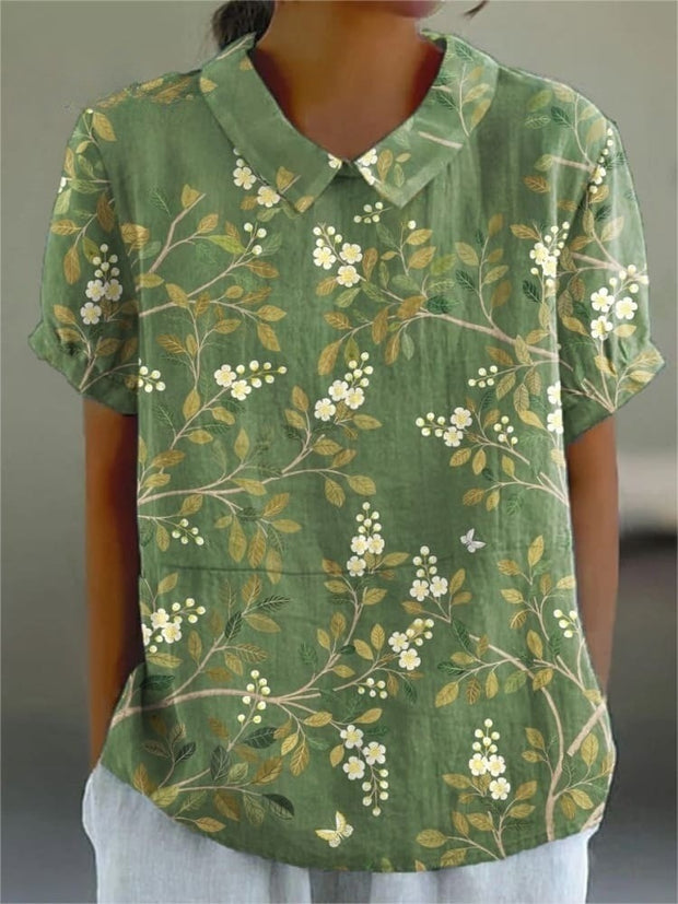 Women's Vintage Botanical Floral Art Print Casual Cotton And Linen Shirt