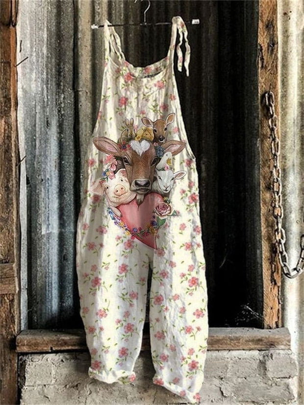 Farm Animals Cottage Floral Linen Blend Jumpsuit