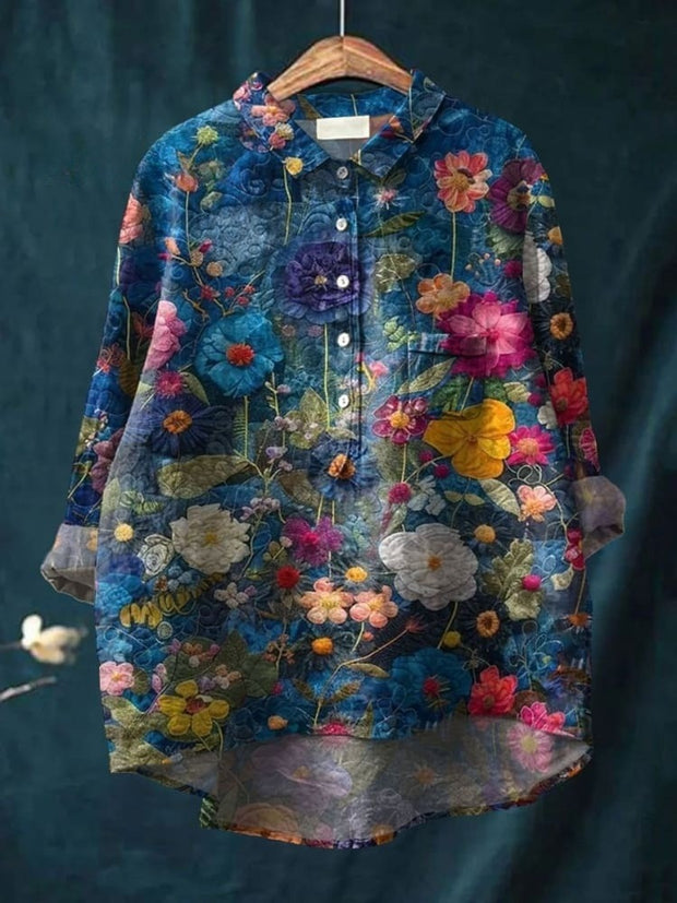 Women's Vintage Lovely Floral Art Print Casual Cotton And Linen Shirt