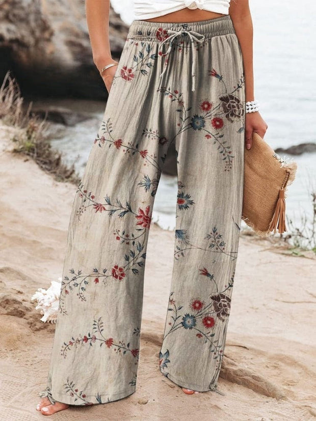 Abstract Floral Garden Printed Women's Cotton And Linen Casual Pants