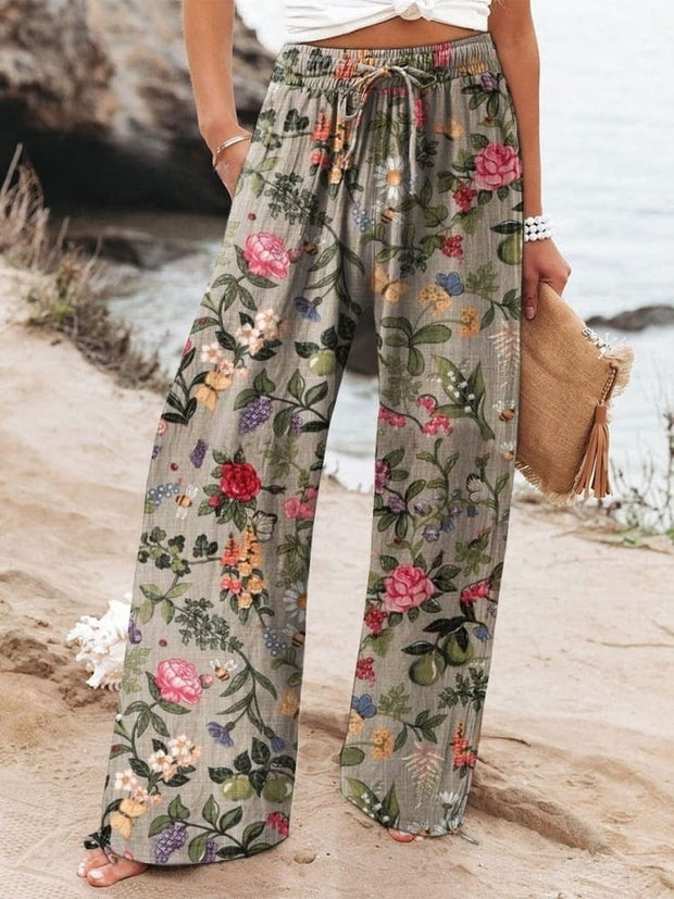 Abstract Floral Garden Printed Women's Cotton And Linen Casual Pants