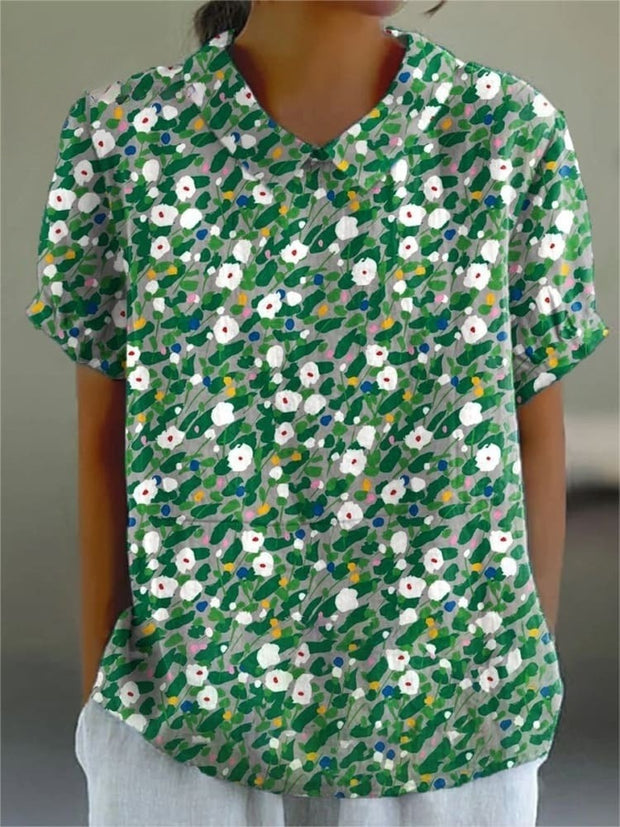 Women's Flower Art Print Casual Cotton And Linen Shirt