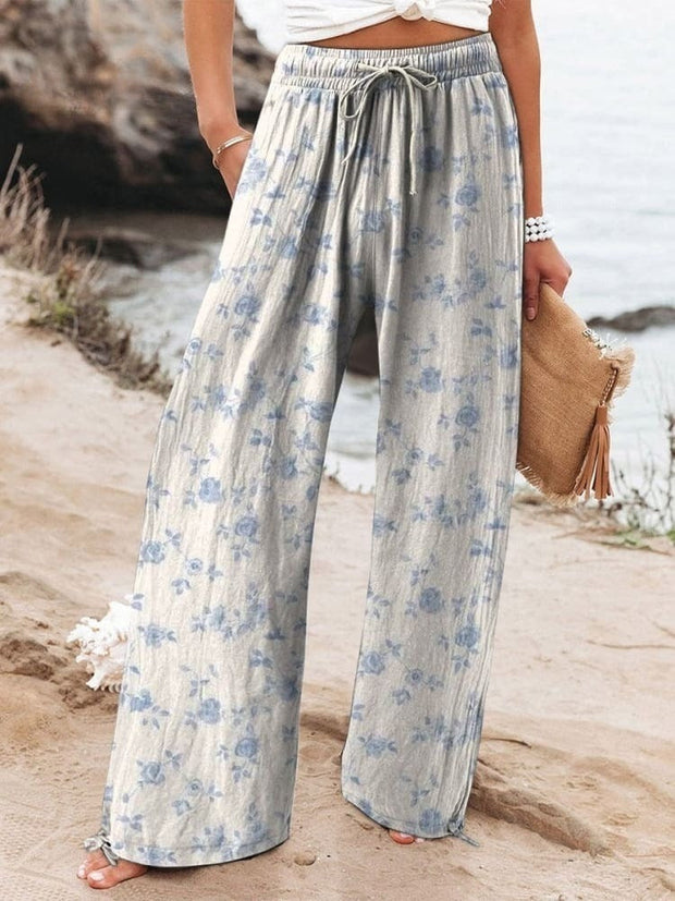 Abstract Floral Garden Printed Women's Cotton And Linen Casual Pants