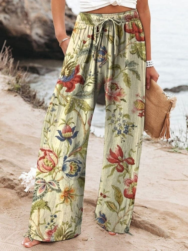 Abstract Floral Garden Printed Women's Cotton And Linen Casual Pants