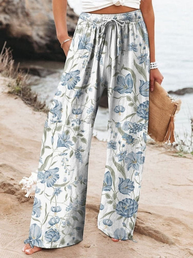 Abstract Floral Garden Printed Women's Cotton And Linen Casual Pants