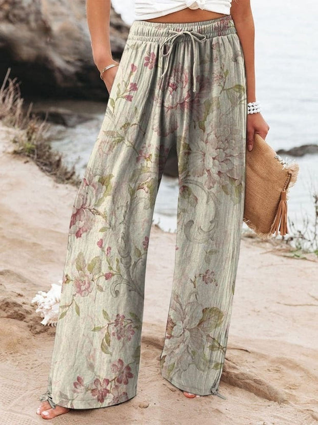 Abstract Floral Garden Printed Women's Cotton And Linen Casual Pants