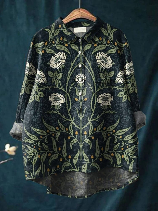 Bird and Flower Print Women's Print Casual Cotton And Linen Shirt