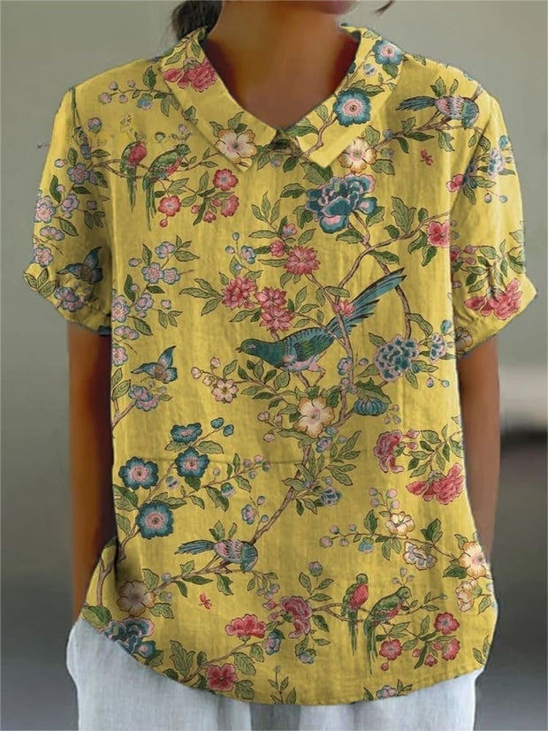 Boughs And Robin Birds Pattern Printed Women's Casual Cotton And Linen Shirt