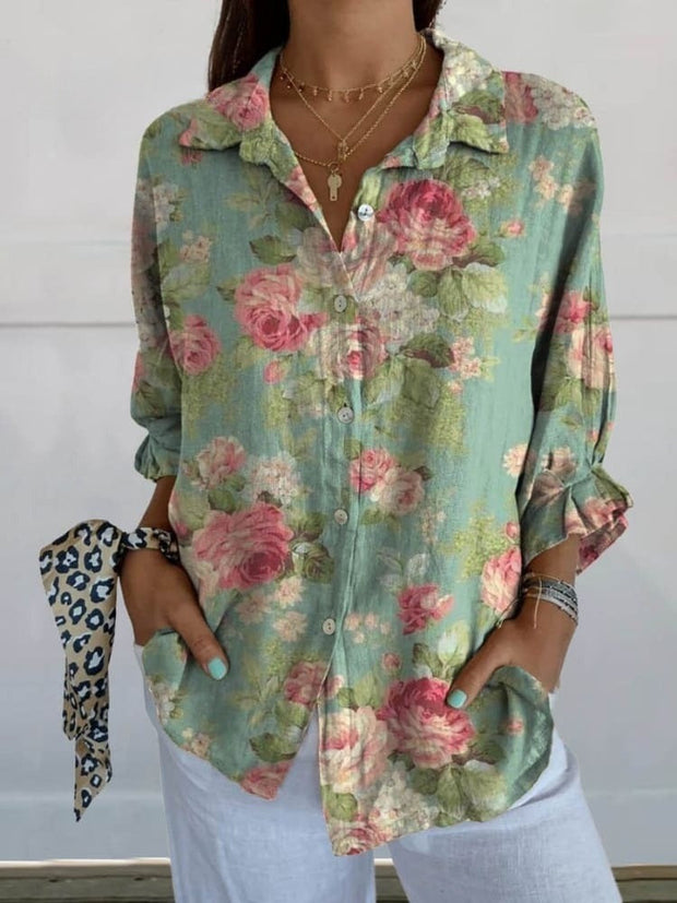 Women's Vintage Elegant Floral Art Print Casual Linen V-neck Shirt