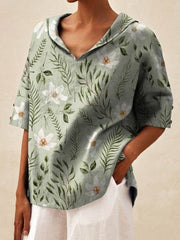 Women' Vintage Floral Art Print Casual Linen V-Neck Shirt