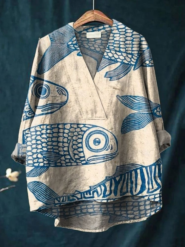 Women's Blue Minimalist Line Fish Print Casual Cotton And Linen V-Neck Shirt