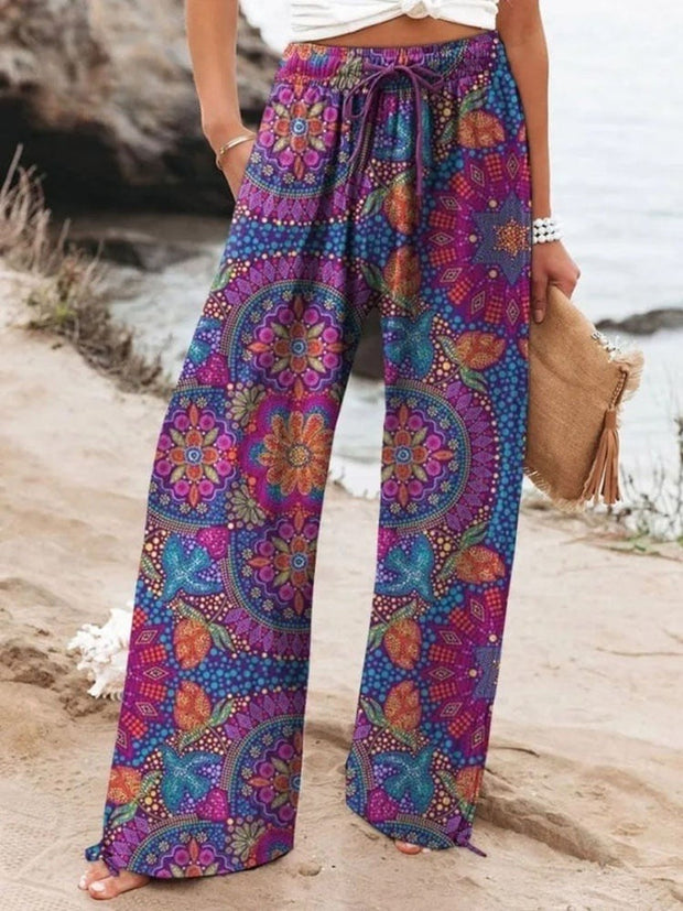 Women's Vintage Ethnic Floral Art Printed Cotton And Linen Casual Pants