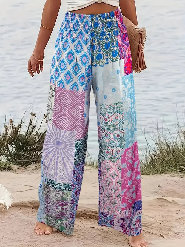 Resort style pleated waist loose printed women's cotton and linen casual pants