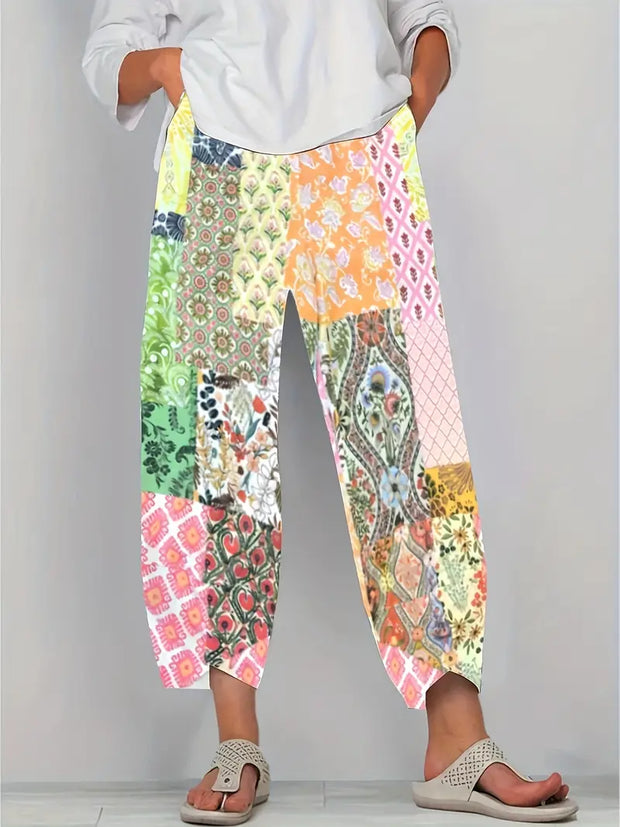 Abstract Floral Garden Printed Women's cCotton And Linen Casual Pants