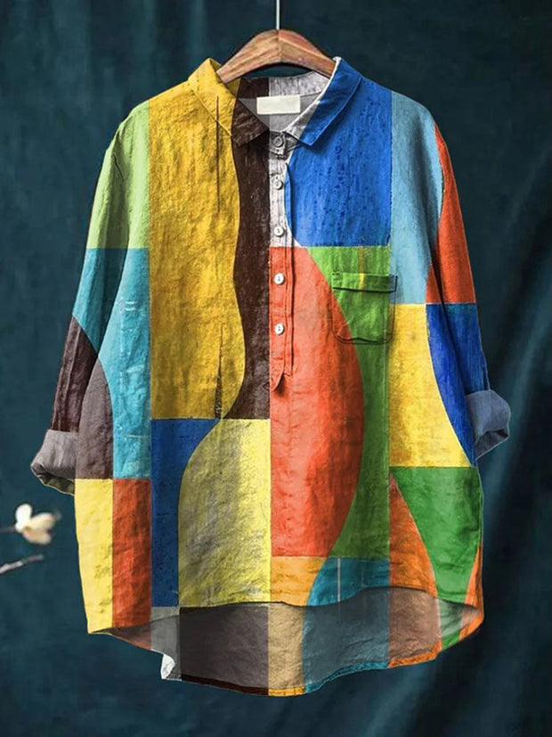 Women's Vintage Hand Painted Colorful Geometric Print Casual Cotton And Linen Shirt