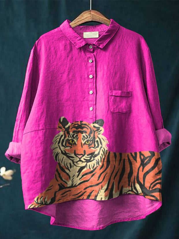 Cute Fuchsia Cheetah Art Print Cotton and Linen Long-sleeved Shirt