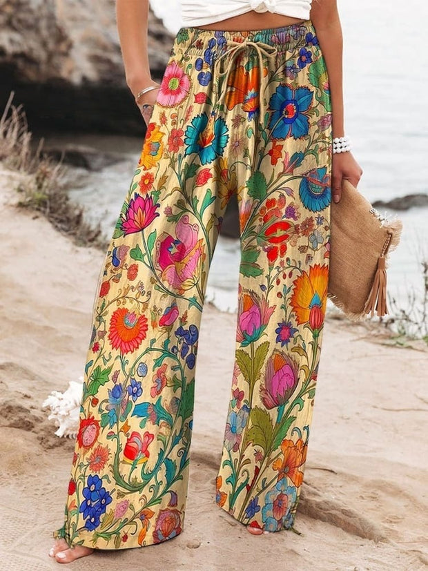 Women's Vintage Indian Folk Floral Art Print Cotton And Linen Casual Pants