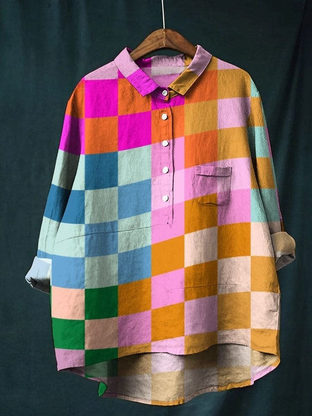 Women's Colorful Geometric Grid Print Casual Cotton And Linen Shirt