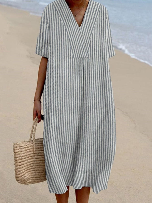 Striped Print V-Neck Loose Midi Dress