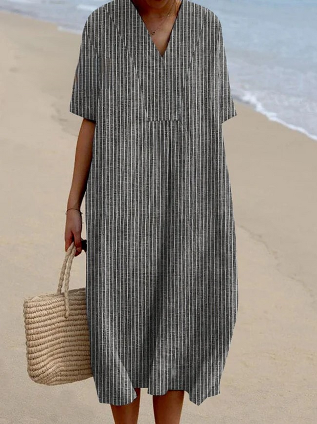 Women Vintage Stripes Casual V Neck Midi Dress