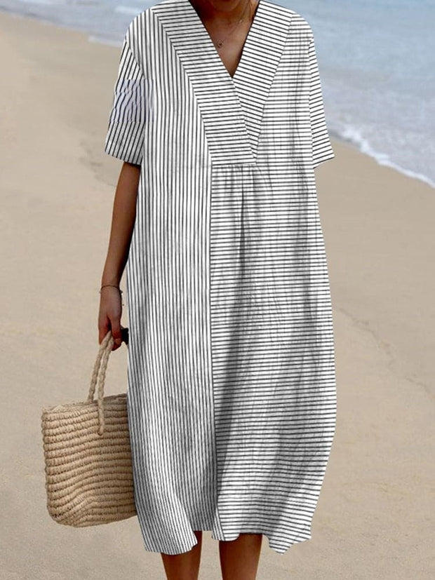 Women Vintage Stripes Casual V Neck Midi Dress