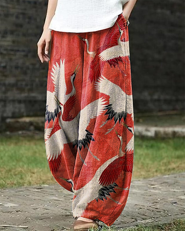 Retro Japanese Crane Art Print Loose Casual Pants