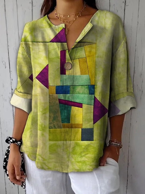 Simple And Stylish Creative Geometric Puzzle Printed Cotton And Linen Shirt