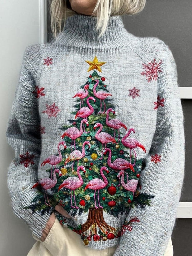 Flamingo Christmas Print Knit Turtleneck Pullover Sweater