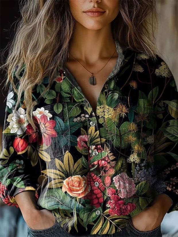 Women's Vintage Lovely Floral Art Print Casual Long Sleeve Comfortable Cotton Shirt