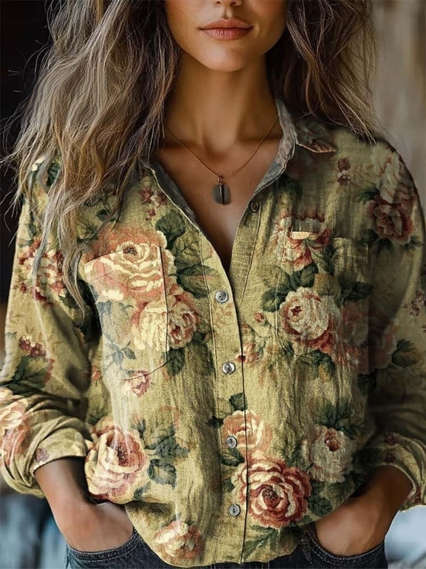 Women's Vintage Lovely Floral Art Print Casual Long Sleeve Comfortable Cotton Shirt