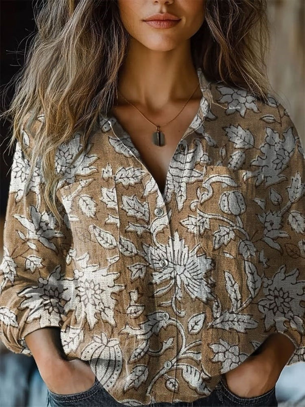 Women's Vintage Floral Print Casual Long Sleeve Comfortable Cotton Shirt