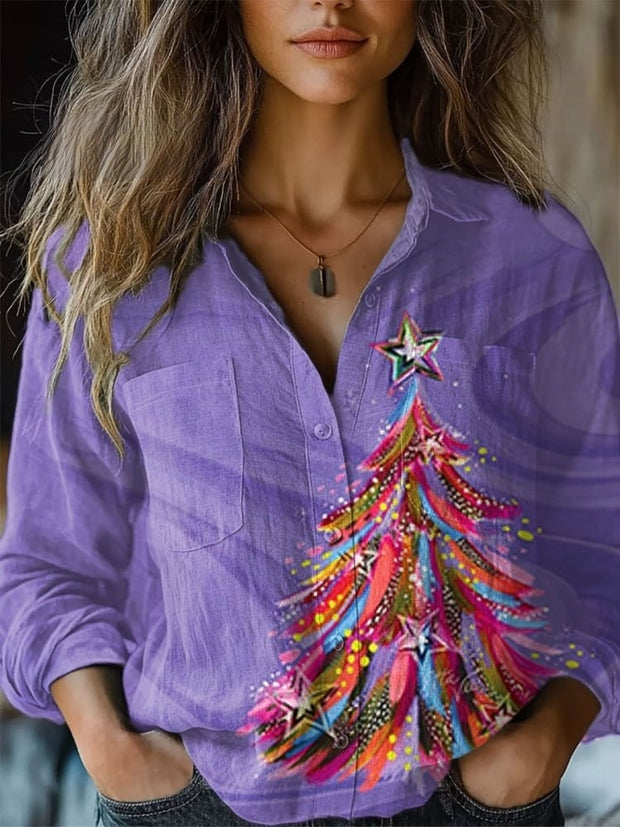 Women's Magical Christmas Tree Print Casual Long Sleeve Comfortable Cotton Shirt