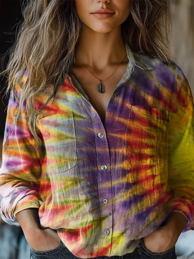 Women's Colorful Tie Dye Print Casual Long Sleeve Comfortable Cotton Shirt