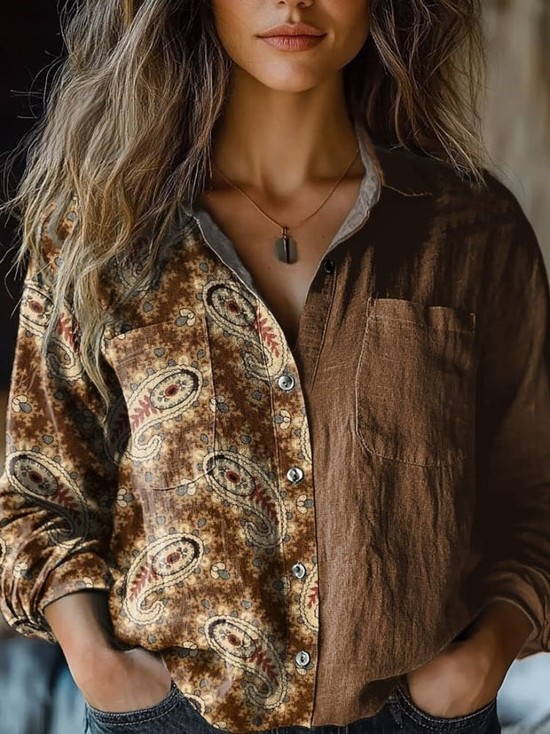 Women's Vintage Brown Paisley Cashew Texture Print Casual Long Sleeve Comfortable Cotton Shirt