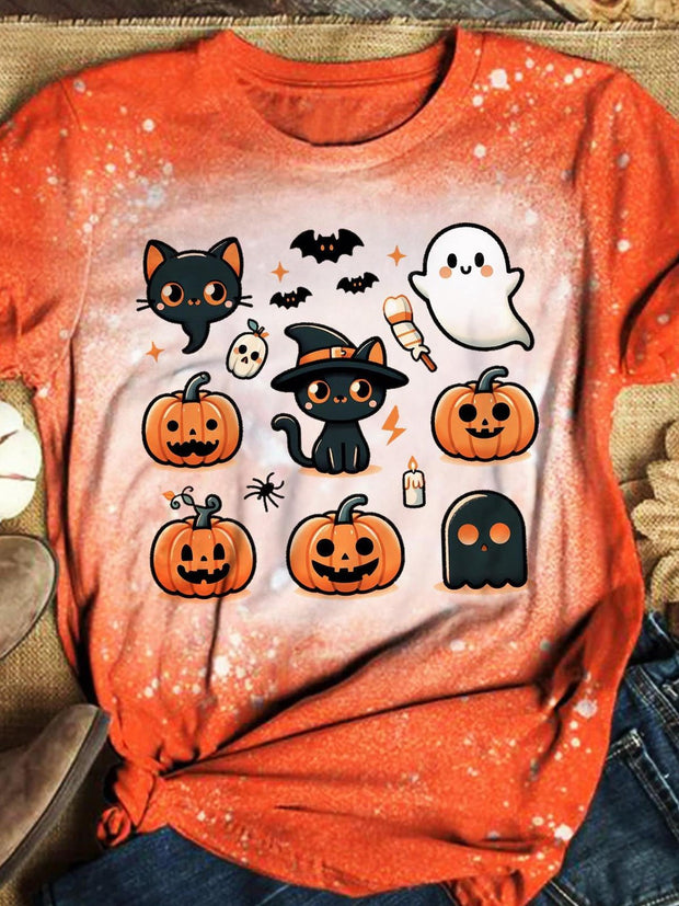 Halloween Black Cat Pumpkin Ghost Printed T-shirt