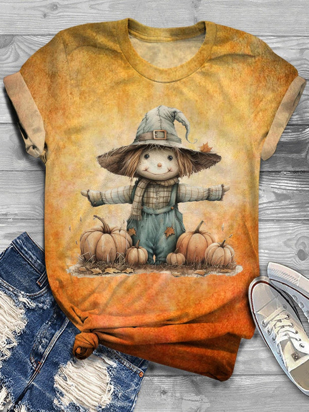 Cute Scarecrow With Pumpkins Crew Neck T-shirt