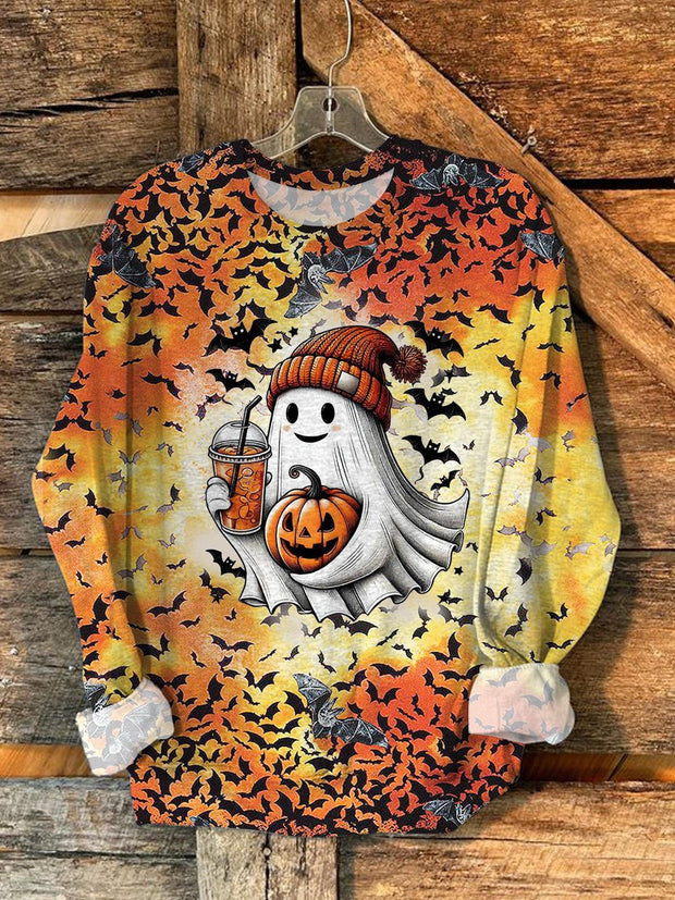 Halloween Elf Pumpkin Gradient Casual Print Long Sleeve Top