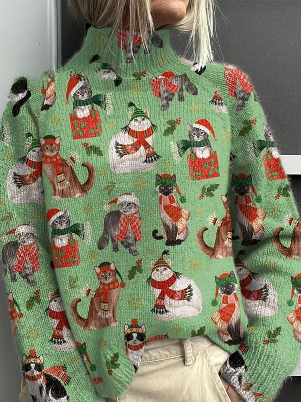 Vintage Christmas Cat Print Knit Turtleneck Pullover Sweater