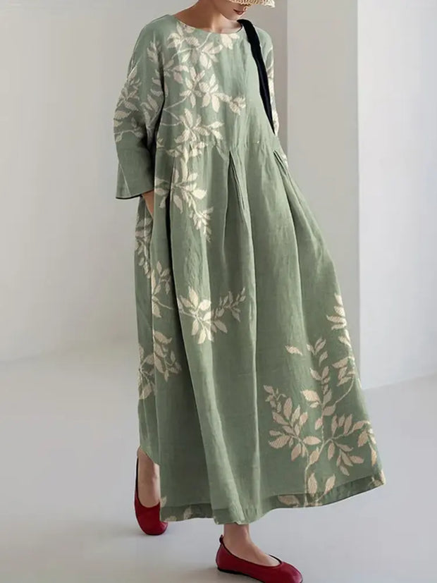 Japanese Art Floral Print Long Sleeve Casual Midi Dress