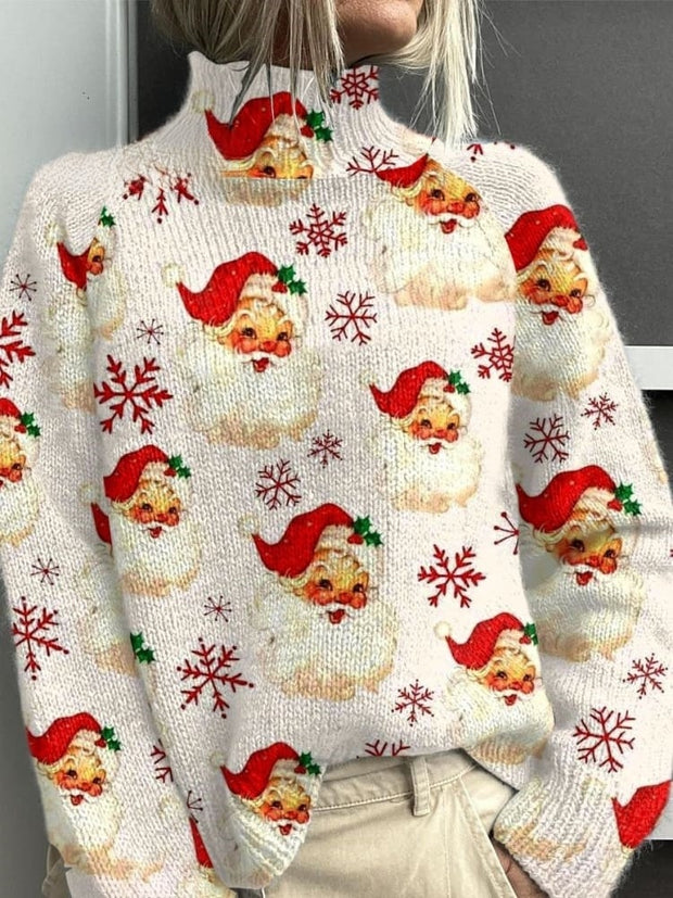 Vintage Christmas Santa Print Knit Turtleneck Pullover Sweater