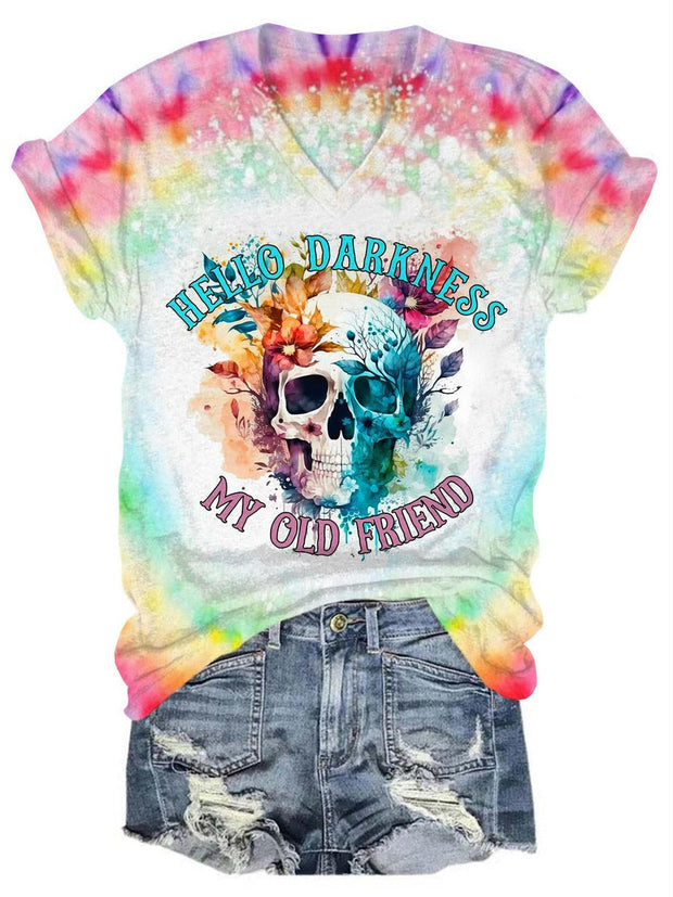 Darkness Skull Tie Dye V Neck T-Shirt