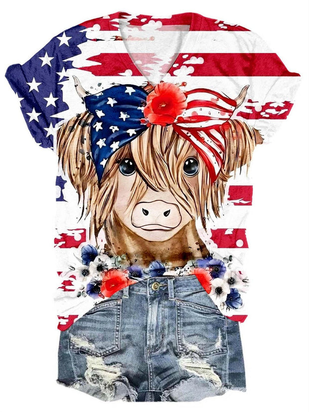 Flag American Cow Print V-Neck T-Shirt